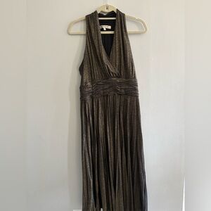 Evan Picone Black and Gold Sleeveless High Neck Halter Style Pleated Party Dress